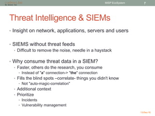 Threat Intelligence & SIEMs
• Insight on network, applications, servers and users
• SIEMS without threat feeds
• Difficult to remove the noise, needle in a haystack
• Why consume threat data in a SIEM?
• Faster, others do the research, you consume
• Instead of "a" connection-> "the" connection
• Fills the blind spots –correlate- things you didn't know
• Not "auto-magic-correlation"
• Additional context
• Prioritize
• Incidents
• Vulnerability management
13-Dec-16
MISP EcoSystem 7
 