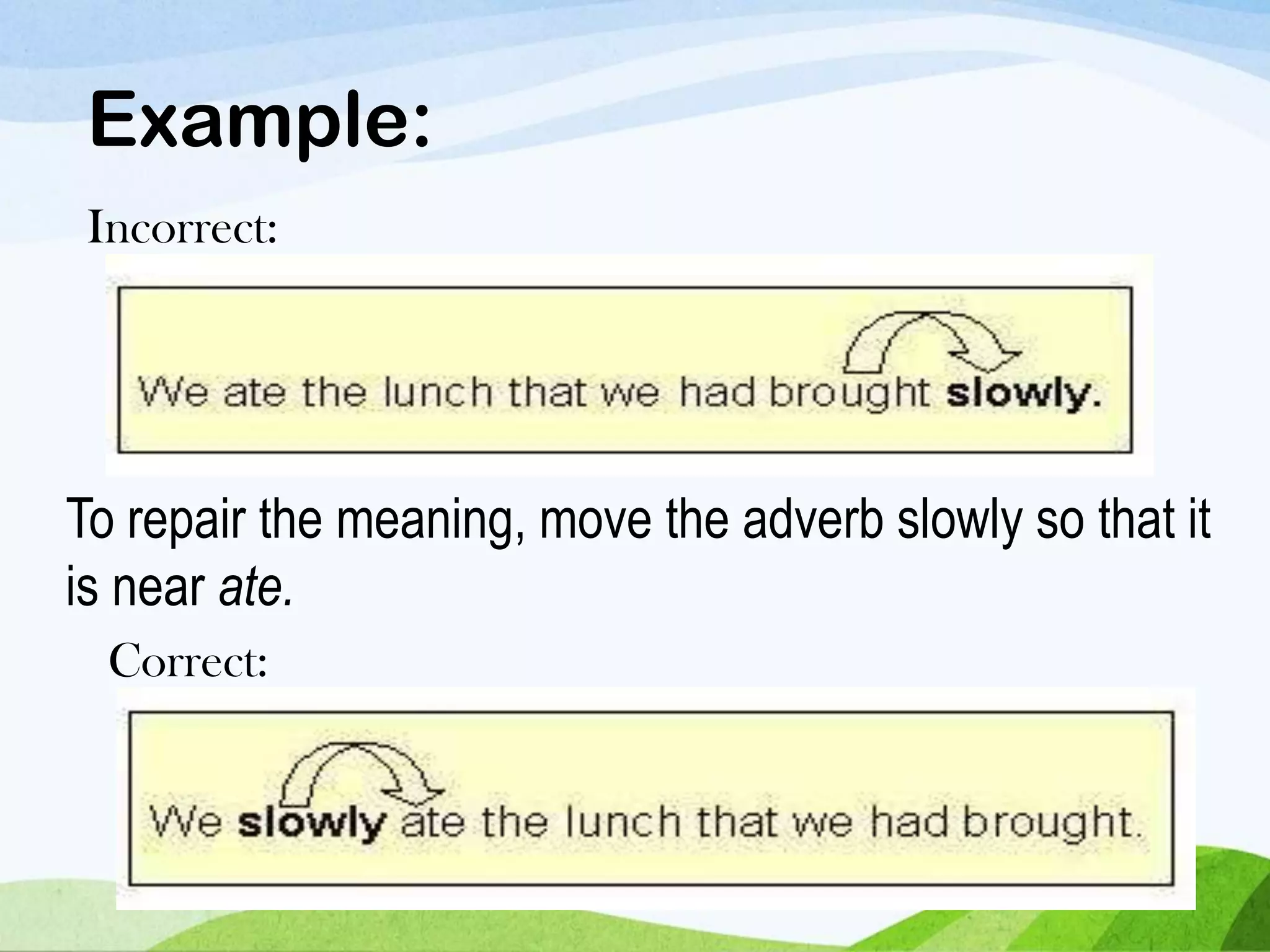 Example:
To repair the meaning, move the adverb slowly so that it
is near ate.
Incorrect:
Correct:
 