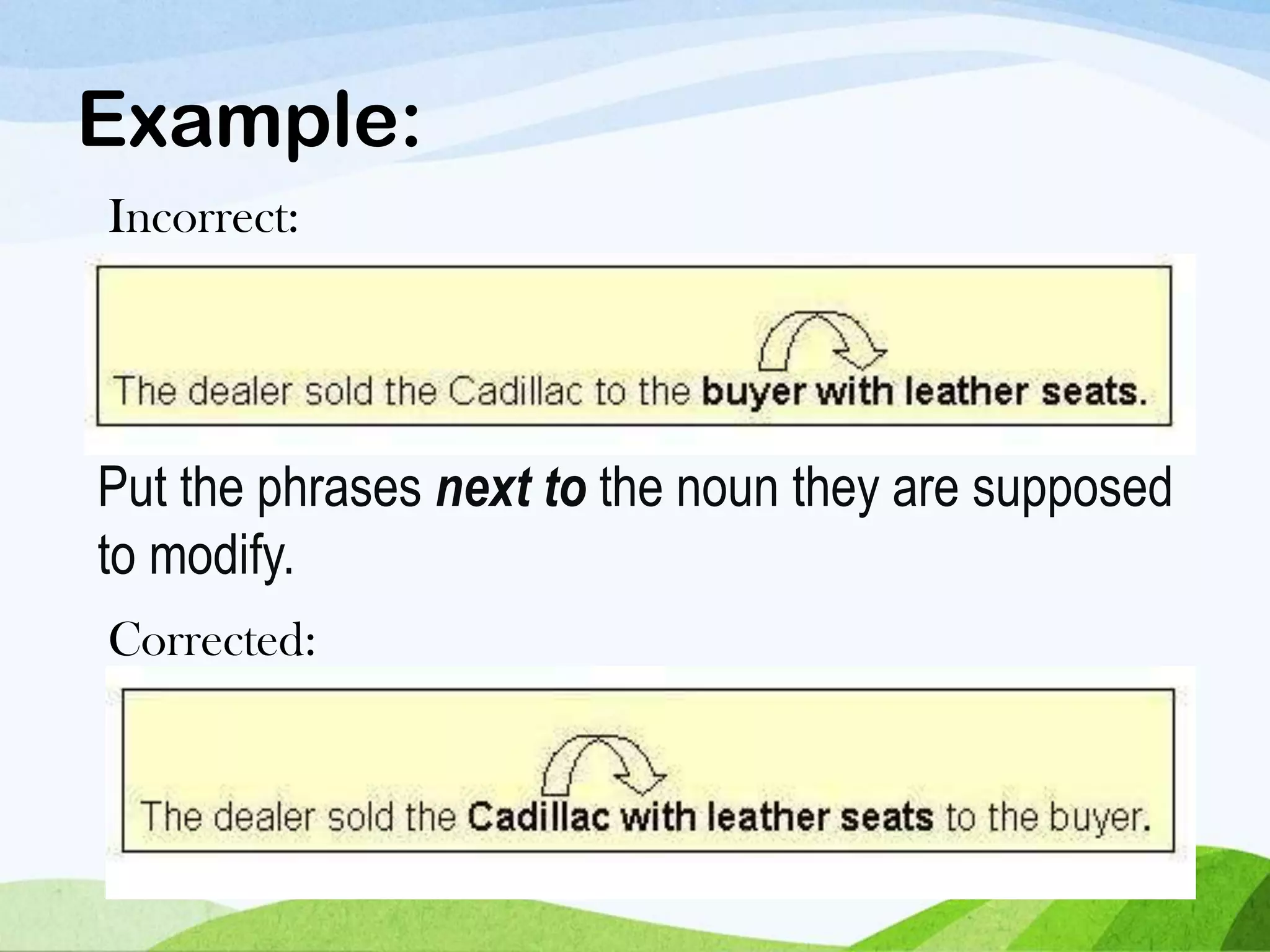 Put the phrases next to the noun they are supposed
to modify.
Example:
Incorrect:
Corrected:
 
