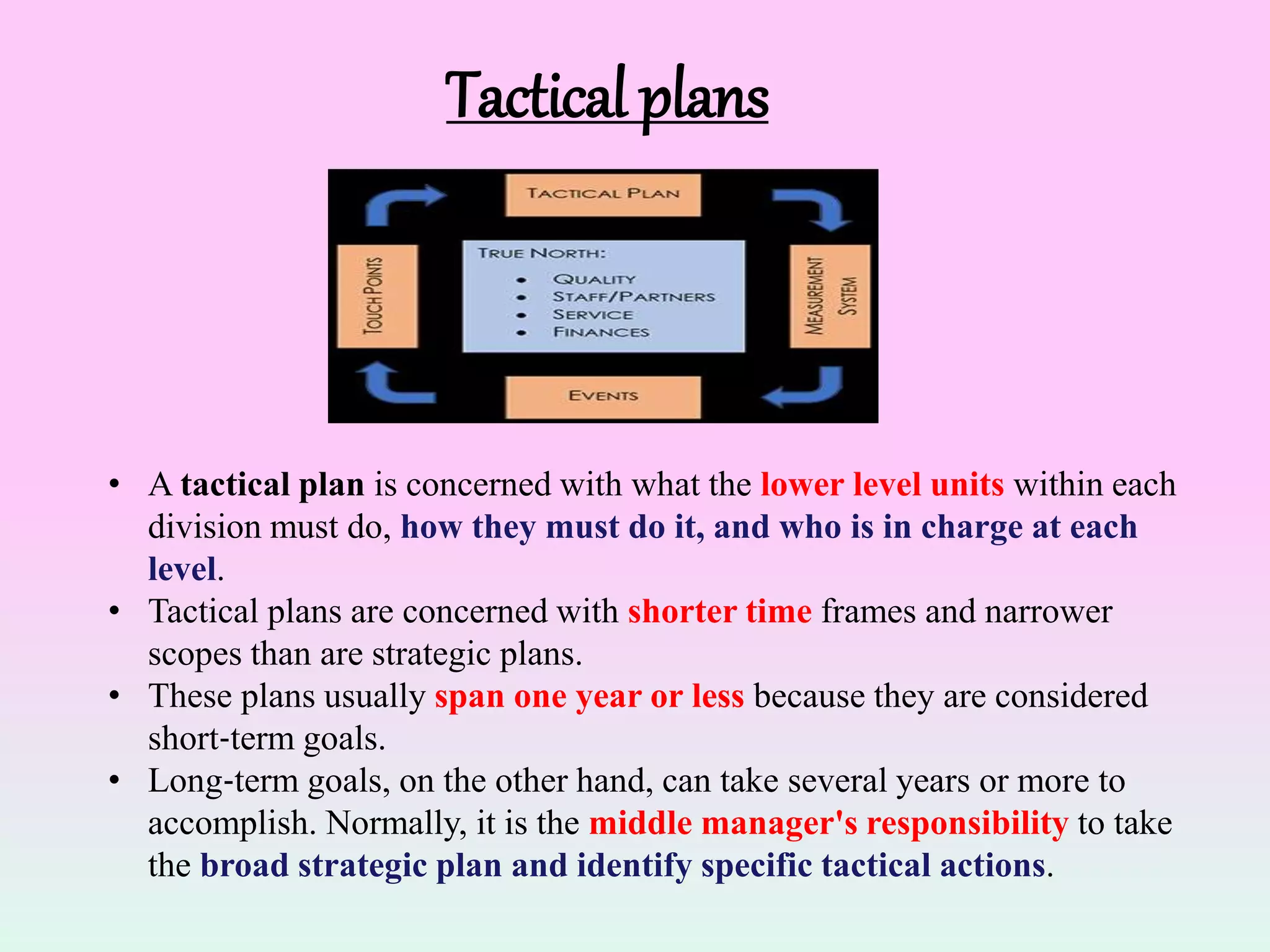 Tactical plans
• A tactical plan is concerned with what the lower level units within each
division must do, how they must do it, and who is in charge at each
level.
• Tactical plans are concerned with shorter time frames and narrower
scopes than are strategic plans.
• These plans usually span one year or less because they are considered
short‐term goals.
• Long‐term goals, on the other hand, can take several years or more to
accomplish. Normally, it is the middle manager's responsibility to take
the broad strategic plan and identify specific tactical actions.
 