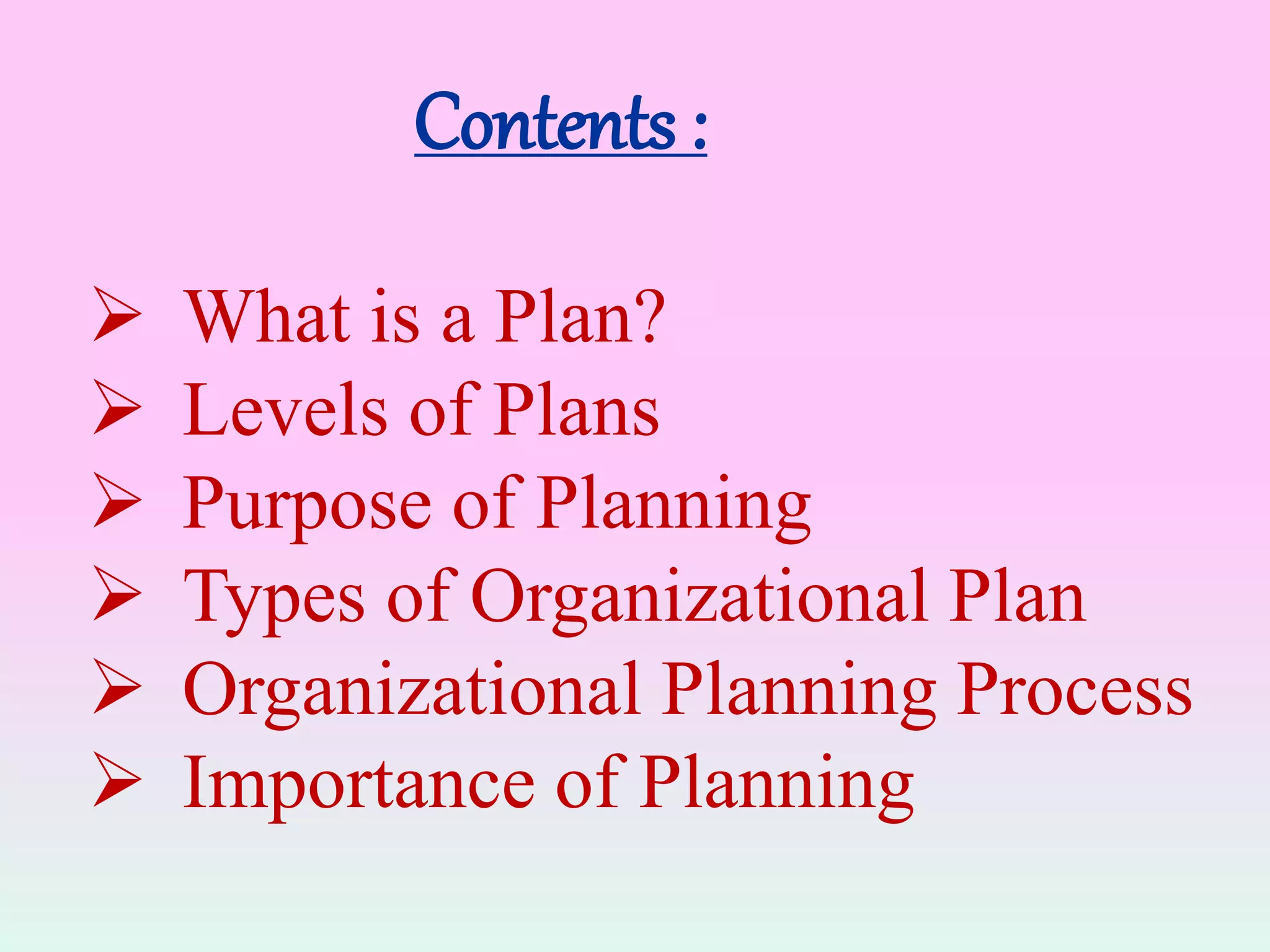 Contents :
 What is a Plan?
 Levels of Plans
 Purpose of Planning
 Types of Organizational Plan
 Organizational Planning Process
 Importance of Planning
 