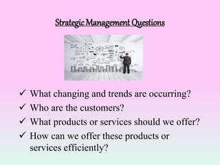 StrategicManagement Questions
 What changing and trends are occurring?
 Who are the customers?
 What products or services should we offer?
 How can we offer these products or
services efficiently?
 