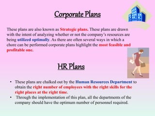 Corporate Plans
These plans are also known as Strategic plans. These plans are drawn
with the intent of analyzing whether or not the company’s resources are
being utilized optimally. As there are often several ways in which a
chore can be performed corporate plans highlight the most feasible and
profitable one.
• These plans are chalked out by the Human Resources Department to
obtain the right number of employees with the right skills for the
right places at the right time.
• Through the implementation of this plan, all the departments of the
company should have the optimum number of personnel required.
HR Plans
 