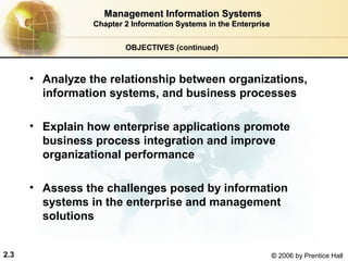 Management Information Systems
                 Chapter 2 Information Systems in the Enterprise


                         OBJECTIVES (continued)



      • Analyze the relationship between organizations,
        information systems, and business processes

      • Explain how enterprise applications promote
        business process integration and improve
        organizational performance

      • Assess the challenges posed by information
        systems in the enterprise and management
        solutions


2.3                                                                © 2006 by Prentice Hall
 