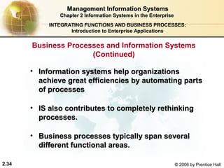 Management Information Systems
               Chapter 2 Information Systems in the Enterprise
            INTEGRATING FUNCTIONS AND BUSINESS PROCESSES:
                   Introduction to Enterprise Applications


       Business Processes and Information Systems
                      (Continued)

       • Information systems help organizations
         achieve great efficiencies by automating parts
         of processes

       • IS also contributes to completely rethinking
         processes.

       • Business processes typically span several
         different functional areas.

2.34                                                             © 2006 by Prentice Hall
 