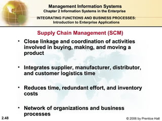 Management Information Systems
                 Chapter 2 Information Systems in the Enterprise
              INTEGRATING FUNCTIONS AND BUSINESS PROCESSES:
                     Introduction to Enterprise Applications


              Supply Chain Management (SCM)
       • Close linkage and coordination of activities
         involved in buying, making, and moving a
         product

       • Integrates supplier, manufacturer, distributor,
         and customer logistics time

       • Reduces time, redundant effort, and inventory
         costs

       • Network of organizations and business
         processes
2.48                                                               © 2006 by Prentice Hall
 