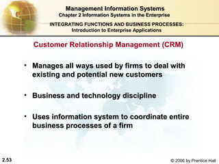 Management Information Systems
                 Chapter 2 Information Systems in the Enterprise
              INTEGRATING FUNCTIONS AND BUSINESS PROCESSES:
                     Introduction to Enterprise Applications


         Customer Relationship Management (CRM)

       • Manages all ways used by firms to deal with
         existing and potential new customers

       • Business and technology discipline

       • Uses information system to coordinate entire
         business processes of a firm



2.53                                                               © 2006 by Prentice Hall
 