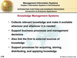 Management Information Systems
                 Chapter 2 Information Systems in the Enterprise

              INTEGRATING FUNCTIONS AND BUSINESS PROCESSES:
                     Introduction to Enterprise Applications

              Knowledge Management Systems

       • Collects relevant knowledge and make it available
         wherever and whenever it is needed
       • Support business processes and management
         decisions
       • Also link the firm to external sources of
         knowledge
       • Support processes for acquiring, storing,
         distributing, and applying knowledge
2.56                                                               © 2006 by Prentice Hall
 