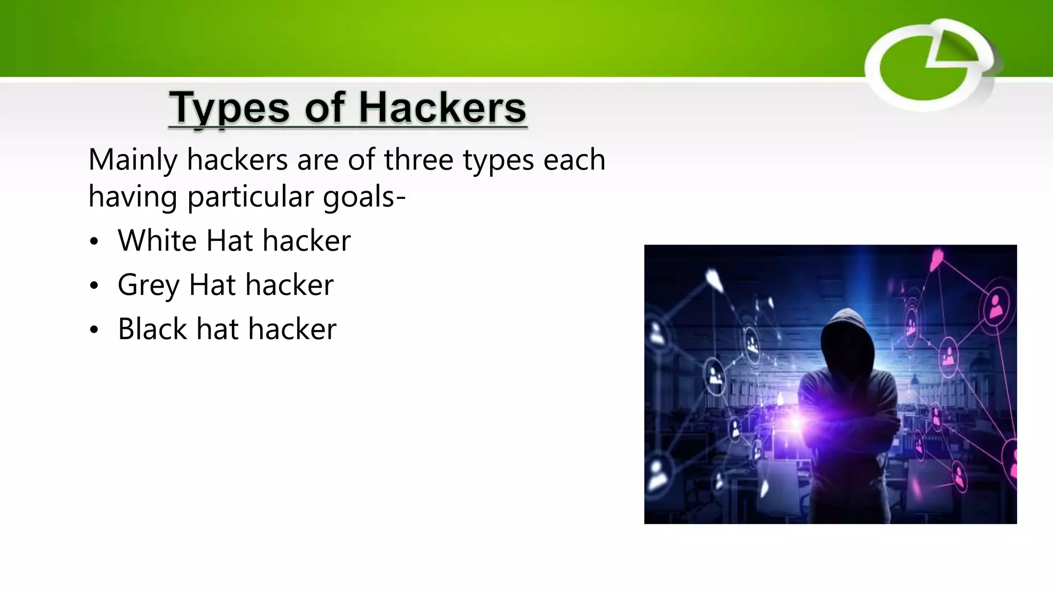 Mainly hackers are of three types each
having particular goals-
• White Hat hacker
• Grey Hat hacker
• Black hat hacker
 
