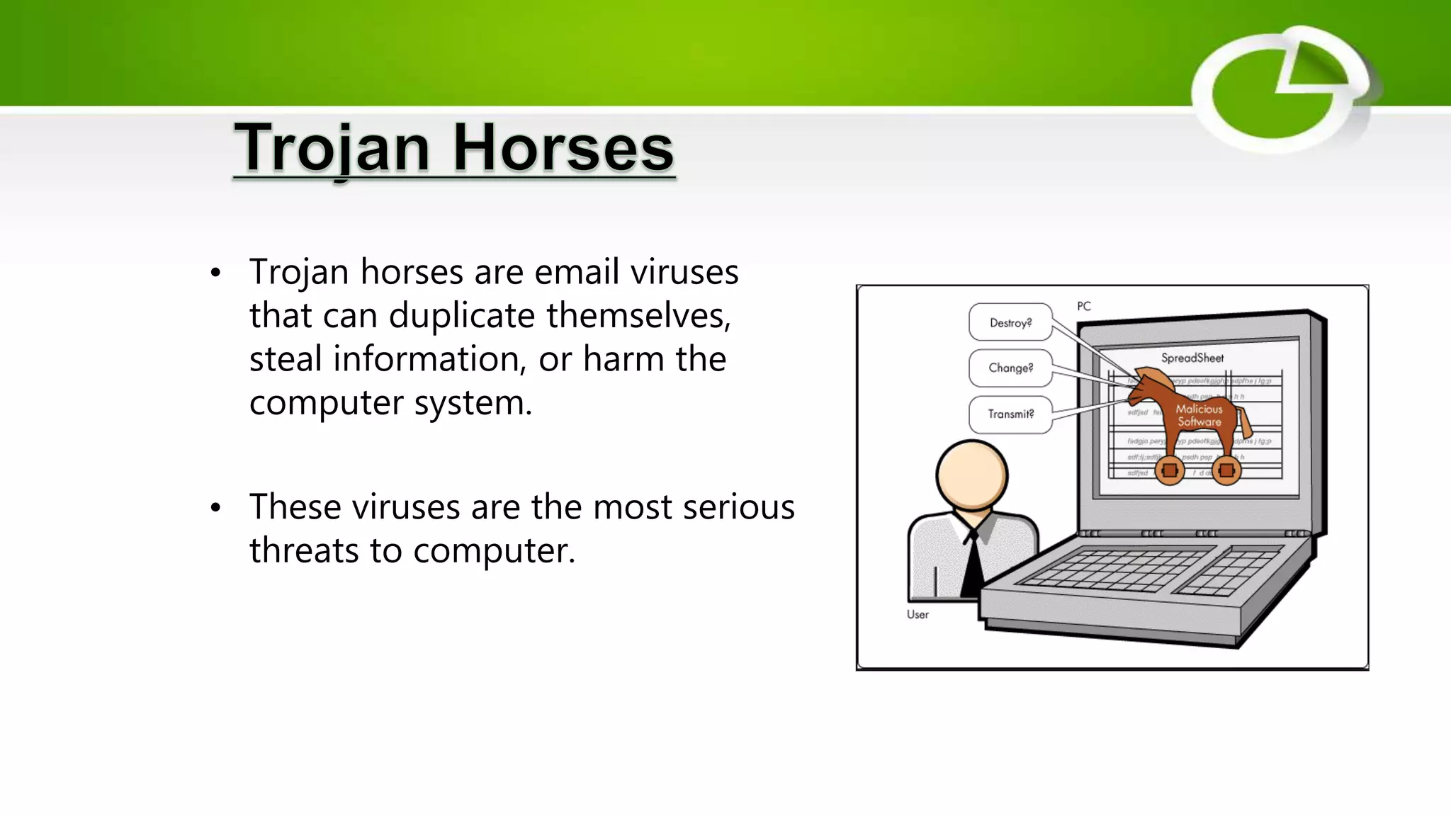 • Trojan horses are email viruses
that can duplicate themselves,
steal information, or harm the
computer system.
• These viruses are the most serious
threats to computer.
 