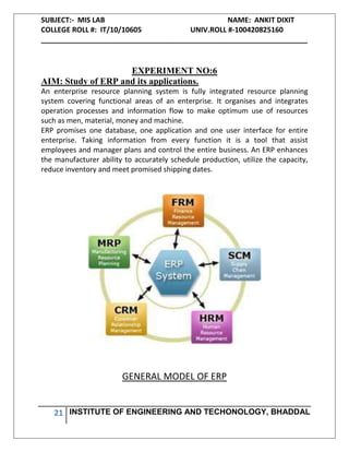 SUBJECT:- MIS LAB NAME: ANKIT DIXIT
COLLEGE ROLL #: IT/10/10605 UNIV.ROLL #-100420825160
___________________________________________________________________
21 INSTITUTE OF ENGINEERING AND TECHONOLOGY, BHADDAL
EXPERIMENT NO:6
AIM: Study of ERP and its applications.
An enterprise resource planning system is fully integrated resource planning
system covering functional areas of an enterprise. It organises and integrates
operation processes and information flow to make optimum use of resources
such as men, material, money and machine.
ERP promises one database, one application and one user interface for entire
enterprise. Taking information from every function it is a tool that assist
employees and manager plans and control the entire business. An ERP enhances
the manufacturer ability to accurately schedule production, utilize the capacity,
reduce inventory and meet promised shipping dates.
GENERAL MODEL OF ERP
 