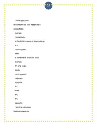 15




  inicia-ejecucion

mientras frente-libre hacer inicio

recogetodo;

  avanza;

  recogetodo;

  si frente-bloqueado entonces inicio

  sur;

  caminapared;

  este;

  si frente-libre entonces inicio

  avanza;

 fin sino inicio

  oeste;

  caminapared;

  dejatodo;

  apagate;

 fin;

 norte;

 fin;

 fin;

  apagate;

  termina-ejecucion

finalizar-programa
 
