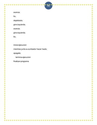 31

avanza;

fin;

dejalotodo;

gira-izquierda;

avanza;

gira-izquierda;

fin;



inicia-ejecucion

mientras junto-a-zumbador hacer hazlo;

apagate;

   termina-ejecucion

finalizar-programa
 