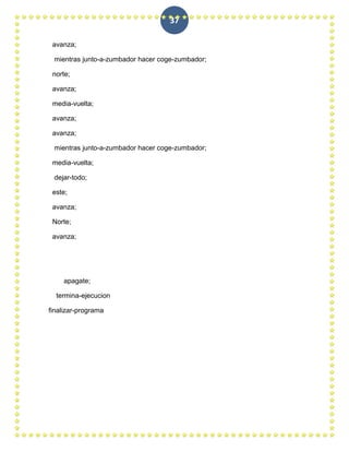 37

 avanza;

 mientras junto-a-zumbador hacer coge-zumbador;

 norte;

 avanza;

 media-vuelta;

 avanza;

 avanza;

 mientras junto-a-zumbador hacer coge-zumbador;

 media-vuelta;

 dejar-todo;

 este;

 avanza;

 Norte;

 avanza;




    apagate;

  termina-ejecucion

finalizar-programa
 