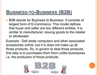 BUSINESS-TO-BUSINESS (B2B)
 B2B stands for Business to Business. It consists of
largest form of E-Commerce. This model defines
that buyer and seller are two different entities. It is
similar to manufacturer, issuing goods to the retailer
or wholesaler.
Example : Dell deals computers and other associated
accessories online, but it is does not make up all
those products. So, in govern to deal those products,
first step is to purchases them from unlike businesses
i.e. the producers of those products.
 