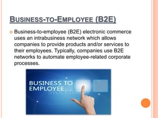 BUSINESS-TO-EMPLOYEE (B2E)
 Business-to-employee (B2E) electronic commerce
uses an intrabusiness network which allows
companies to provide products and/or services to
their employees. Typically, companies use B2E
networks to automate employee-related corporate
processes.
 