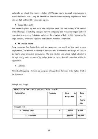 and results are related. For instance a budget of 15% sales may be too much or not enough to 
achieve forecasted sales. Using this method can lead to too much spending on promotion when 
sales are high and too little when sales are low. 
22 
3. Competitive parity 
This method is guided by how much your competitor spent. The short coming of this method 
is the differences in marketing strategies between competing firms which may require differe nt 
promotion strategies e.g. Safaricom and Airtel. Their budget is likely to differ because of the 
target audience, promotion objectives and different promotion components. 
4. All you can afford 
Some companies have budget limits and top management can specify on how much to spent 
on promotion. For instance a company’s objective may be to increase the budget to 110% of 
last year’s actual promotion expenditures. The task priorities are set and budget allocated to 
the high priority tasks because of the budget limitation due to financial constraints within the 
organization. 
5. Historical 
Methods of budgeting – bottoms up (compiles a budget from the lowest to the highest level in 
the department 
Example of a Budget: 
BUDGET OF WEZESHA RECRUITMENT FIRM 
Budget Cost 
Quantity 
Cost in 
Kenya Shs. 
Total 
in 
Kenya 
Shs. 
Material cost 
a. Renting space 1 30,000 30,000 
 Goodwill 300,000 300,000 
 