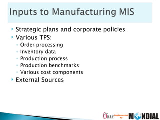 Strategic plans and corporate policies Various TPS: Order processing Inventory data Production process Production benchmarks Various cost components External Sources 
