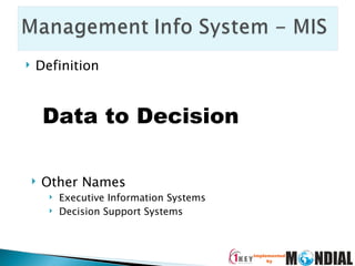 Definition Data to Decision Other Names Executive Information Systems Decision Support Systems 
