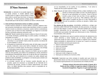Manual de Evangelismo Personal 
en tus necesidades, en tus sueños, en tus problemas… Y ver cómo la 
Palabra de Dios puede responder a ellos. 
c) Orar. Después de haber leído la Palabra de Dios y haber meditado en ella, 
tómate un tiempo para hablar con Dios. Ora dando gracias a 
Dios por lo que aprendiste en la lectura. Toma tu lista de 
oración y pasa un buen rato con Dios. Al orar, agradece y 
alaba a Dios por lo que Él es. Pide sabiduría a Dios para 
poder aplicar la palabra de Dios en tu vida. Pide perdón a 
Dios por tus pecados y confiesa un pecado o hábito malo 
que hayas hecho. 
Pon delante de Dios tus planes, necesidades, problemas y amigos que 
conozcas y pide a Dios por las necesidades de estas personas; en especial, 
para que ellos lleguen a conocer a Dios. Intercede también por el mundo, 
consigue información de las necesidades en cuanto la evangelización 
mundial para que puedas interceder por obreros para la mies. Finalmente, 
encomiéndate a Dios cada día. 
d) Ayunar:. Entendemos por ayuno la práctica voluntaria de abstenernos de 
comer alimentos y tomar líquidos por un tiempo específico. Dicha 
abstención puede ser total o parcial teniendo un objetivo para realizarlo. 
Debes acompañar tu devocional por lo menos con 1 ayuno a la semana. 
Algunas actitudes correctas para ayunar son: 
Hazlo en actitud de humillación 
Hazlo con sinceridad 
Hazlo con firmeza 
Hazlo de corazón 
Hazlo en actitud de adoración 
Hazlo para recibir milagros en tu vida 
Hazlo para ser efectivo en el servicio a Dios 
Conclusión: Esperamos que estos consejos te ayuden para que inicies tus 
devocionales diarios con Dios, de esta forma incrementarás tu amistad con 
Él y crecerás espiritualmente en el conocimiento de la Palabra de Dios. 
Si deseas conocer más acerca de la oración, el ayuno, de la 
Palabra de Dios; la Biblia, te sugerimos adquirir el Manual de la 
Escuela de Evangelismo. Pregunta a tu guía espiritual cómo 
12 
Iglesia Apostólica de la Fe en Cristo Jesús, A.R. 
El Nuevo Nacimiento 
Introducción: La salvación no se puede negociar; no 
se puede comprar, ni vender (Efesios 2:8-9). 
Cuando Simón el mago le ofreció dinero a Pedro 
para recibir la unción que éste tenía, la respuesta 
de Pedro fue: “Tu dinero perezca contigo, porque 
has pensado que el don de Dios se obtiene con dinero” (Hechos 8:20). 
1. Antes del Nuevo Nacimiento vivimos en delitos y pecados. 
Cuando estamos viviendo en nuestros delitos y pecados, podemos decir 
que actuamos orientados por nuestra vieja naturaleza, es decir es cuando 
nuestro corazón se endurece y envanece, nuestra mente se entenebrece 
y nuestros ojos se llenan de velos impidiendo que hagamos la voluntad 
de Dios y tomando conductas contrarias a ella. 
Isaías 1:6 "Desde la planta del pie hasta la cabeza no hay en él cosa sana; 
si no herida, hinchazón y podrida llaga; no están curadas, ni vendadas, ni 
suavizadas con aceite." 
Esta es la descripción de nuestra antigua condición o "antigua 
naturaleza", la cual también implica andar de acuerdo a los deseos de 
la carne (Gálatas 5: 19-21) 
Al despojarnos totalmente del hombre viejo, de toda carga a causa del 
pecado, recibiendo a Jesús como Señor y Salvador de nuestras vidas, 
Él nos pone un vestido nuevo, nos llena de su presencia y nos entrega 
una naturaleza nueva conforme a su carácter y propósito. 
Efesios 4:17-19 “Esto, pues, digo y requiero en el Señor: que ya no andéis 
como los otros gentiles, que andan en la vanidad de su mente, teniendo el 
entendimiento entenebrecido, ajenos de la vida de Dios por la ignorancia 
que en ellos hay, por la dureza de su corazón; los cuales, después que 
perdieron toda sensibilidad, se entregaron a la lascivia para cometer con 
avidez toda clase de impureza.” 
La principal reacción del ser humano cuando descubre que es 
pecador, aparte de reconocer su necesidad de ser libertado de la 
esclavitud del pecado, consiste en desear experimentar una nueva 
vida, y la Biblia identifica este proceso como la necesidad de un 
NUEVO NACIMIENTO. 
12 
25 
25 
puedes adquirirlo. 
 