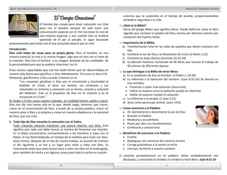 Manual de Evangelismo Personal 
columna que te sostendrá en el tiempo de prueba, proporcionándote 
verdadera seguridad a tu vida. 
¿Qué es la Biblia? 
Viene del griego Biblos que significa libros. Puede definirse como el libro 
sagrado que contiene la palabra de Dios, escrita por distintos autores por 
revelación del Espíritu Santo. 
Importancia de la Biblia: 
a) Transformación total en las vidas de aquellos que tienen contacto con 
b) Contiene la voz de Dios y la Revelación de Cristo (2 Pedro 1:21) 
c) Contiene las leyes divinas (Jeremías 31:33-34) 
d) Su difusión histórica. Contenido de 66 libros que resume el trabajo de 
40 autores de diferentes épocas. 
Lo que distingue a la Biblia de otros libros: 
a) Es la revelación de Dios al Hombre. (2 Pedro 1 :19-20) 
b) Lo referente a la Salvación del hombre. (Juan 6:32-33) Se denota en 
tres sentidos: 
Presentar a quien trae salvación (Jesucristo) 
Indicar la manera como la salvación puede ser obtenida 
Hablar de quienes reciben la salvación. 
c) Lo referente a la verdad. (1 Juan 2:21) 
d) Jesús como personaje central. (Juan 14:9) 
Como acercarse a la Palabra: 
Oír atentamente y diariamente la voz de Dios 
Guardar la Palabra 
Meditarla y escudriñarla 
Poner por obra sus mandamientos 
Confesarla y comunicarla. 
Beneficios de acercarse a la Palabra: 
Enseña 
Redarguye nos convence de nuestros errores 
Corrige guiándonos a la senda correcta 
Instruye, da forma a nuestro carácter. 
Si vosotros permaneciereis en mi palabra. Seréis verdaderamente mis 
discípulos; y conoceréis la verdad y la verdad os hará libres. Juan 8:31-32 
20 
Iglesia Apostólica de la Fe en Cristo Jesús, A.R. 
El Tiempo Devocional 
El hombre fue creado para tener comunión con Dios 
para con el hombre siempre ha sido tener una 
comunicación especial con él. Por esa razón lo creó de 
una manera especial, y aun cuando éste se hubiera 
apartado de él por el pecado, lo sigue buscando 
amorosamente para tener con él esa comunión para lo que lo creó. 
Introducción: 
Dios creó todas las cosas para su propia gloria. Pero al hombre, en una 
manera especial, lo creó a su misma imagen, algo que no hizo con el resto de 
la creación. Dios hizo al hombre a su imagen, dotando de las cualidades de 
la personalidad para que se pudiera relacionar con él. 
Estas nuevas capacidades que nos han dado tienen que ser desarrolladas en 
nuestra vida diaria para glorificar a Dios debidamente. Tal como lo dice el Dr. 
Pentecost, glorificamos a Dios cuando Creemos en él. 
“Los creyentes glorifican a Dios por el crecimiento y fructividad al 
habilitar en Cristo, al tener sus mentes, sus corazones y sus 
voluntades en armonía y comunión con la mente, corazón y voluntad 
del Redentor. Este es el propósito de Dios en la creación y en la 
recreación en Cristo.” 
Al recibir a Cristo como nuestro salvador, en realidad hemos vuelto a nacer. 
Dios nos dio una nueva vida en la que, desde luego, tenemos que crecer, 
crecer en el conocimiento de Dios, a través de su propia palabra; crecer en 
nuestro amor a Dios y al prójimo y crecer en nuestra obediencia a la voluntad 
de Dios, que nos creó. 
1. Todo hijo de Dios necesita la comunión con el Padre. 
Todo creyente necesita mantener una buena relación con Dios. Esto 
significa que cada uno debe buscar la manera de fomentar esa relación. 
En la biblia encontramos constantemente a los hombres a solas con el 
Padre: el rey David dedicaba un tiempo de la mañana para estar con Dios. 
Jesús mismo, después de un día de mucho trabajo, se levantó de mañana 
al día siguiente y se fue a un lugar para estar a solas con Dios. Es 
interesante notar que Jesús buscó estar a solas con Dios en la madrugada, 
pero también de noche y en algunos casos pasó toda la noche en oración. 
20 
ella. 
17 
17 
 