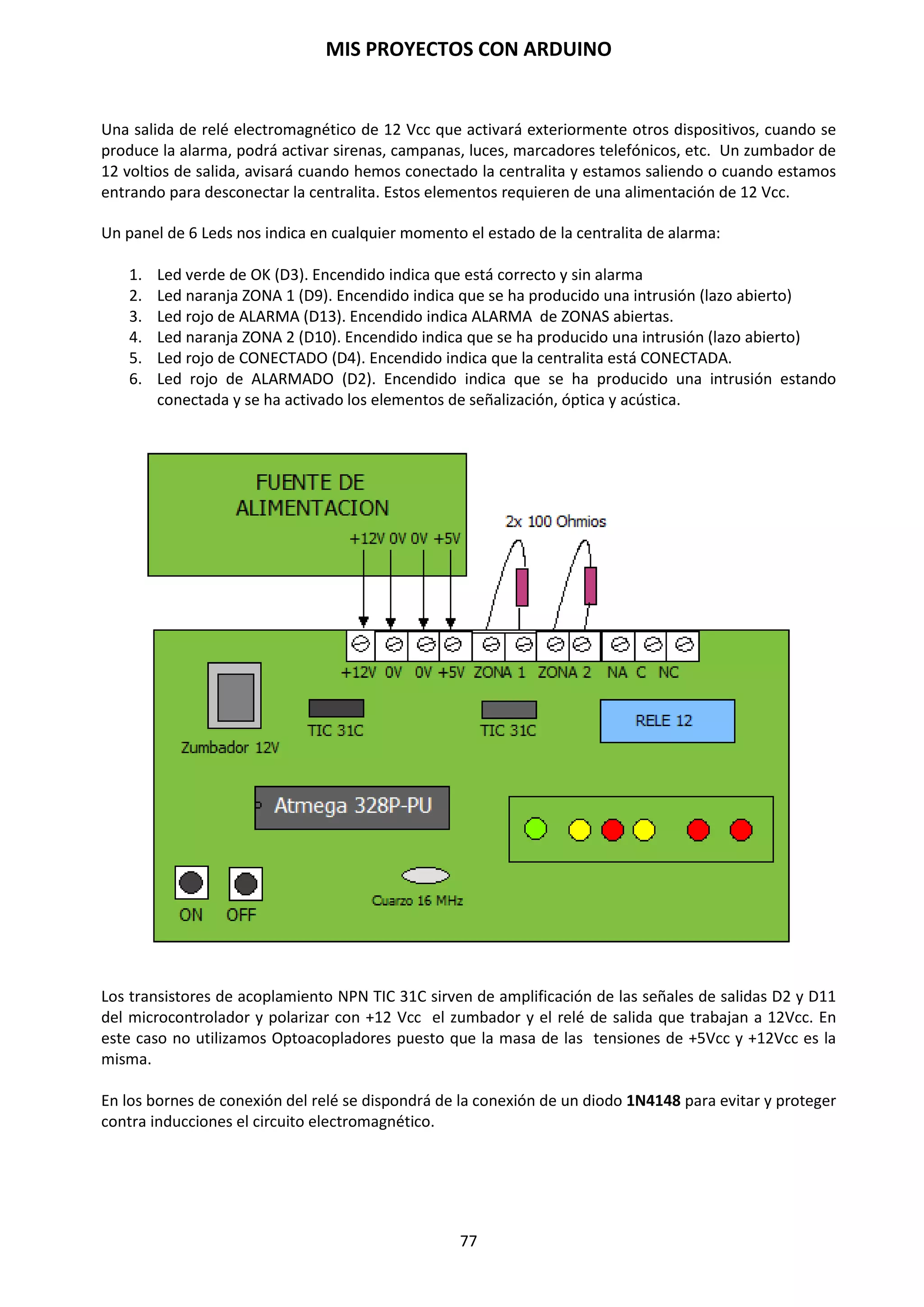 MIS PROYECTOS CON ARDUINO
77
Salida conectada a servo
Los servos de modelismo tienen un motor y unos engranajes cuya salida se puede mover en un
arco de 180º y contienen la electrónica necesaria para ello. Todo lo que se necesita es un pulso
enviado cada 20 ms. Este ejemplo utiliza la función servoPulse para mover el servo de 10º a
170º.
int servoPin = 2; // servo conectado al pin digital 2
int myAngle; // angulo del servo de 0-180
int pulseWidth; // anchura del pulso para la función servoPulse
void setup()
{
pinMode (servoPin, OUTPUT); // configura pin 2 como salida
}
void servoPulse(int servoPin, int myAngle)
{
pulseWidth=(myAngle*10) + 600; // determina retardo
digitalWrite(servoPin, HIGH); // active el servo
delayMicroseconds(pulseWidth); // pausa
digitalWrite(servoPin, LOW); // desactiva el servo
delay(20); // retardo de refresco
}
void loop() // el servo inicia su recorrido en 10º y gira hasta 170º
{
for (myAngle=10; myAngle<=170, myAngle ++)
{
servoPulse (servoPin, myAngle); // servo vuelve desde 170º hasta 10º
}
for (myAngle=170; myAngle>=10; myAngle);
}
}
 
