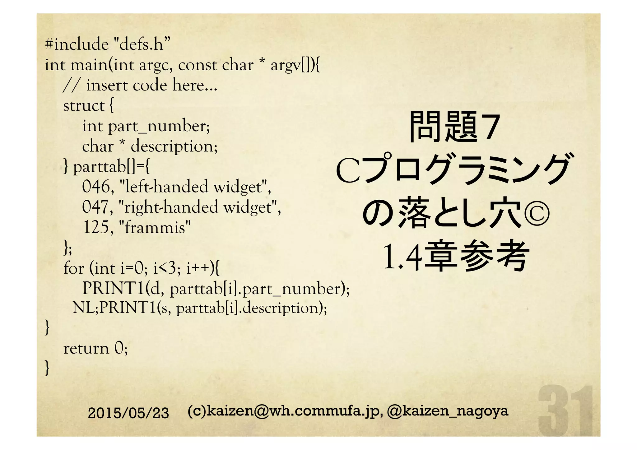 問題７
Cプログラミング
の落とし穴©
1.4章参考	
#include "defs.h”
int main(int argc, const char * argv[]){
// insert code here...
struct {
int part_number;
char * description;
} parttab[]={
046, "left-handed widget",
047, "right-handed widget",
125, "frammis"
};
for (int i=0; i<3; i++){
PRINT1(d, parttab[i].part_number);
NL;PRINT1(s, parttab[i].description);
}
return 0;
}
2015/05/23 (c)kaizen@wh.commufa.jp, @kaizen_nagoya
 