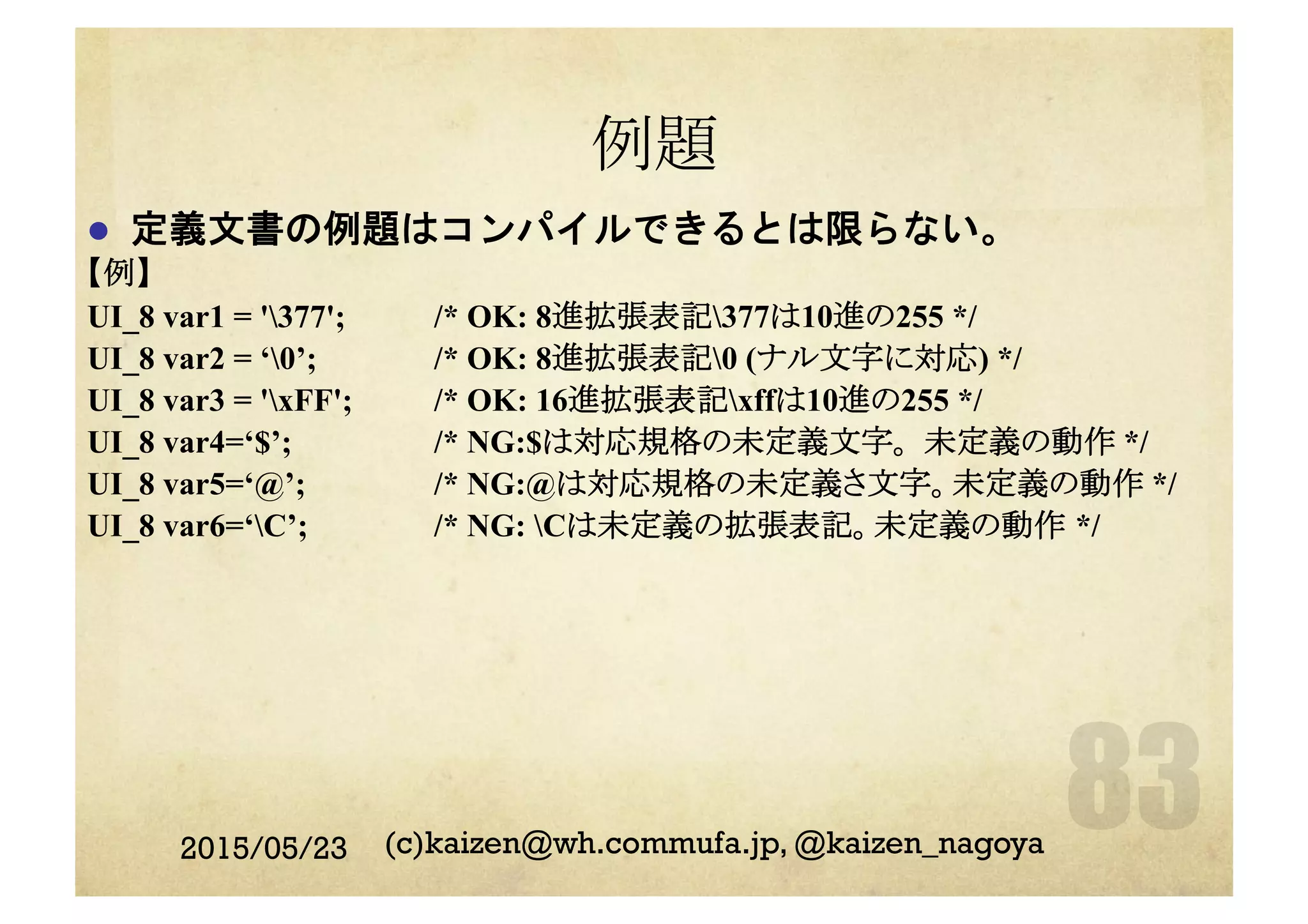 例題
l  定義文書の例題はコンパイルできるとは限らない。
【例】
UI_8 var1 = '377'; /* OK: 8進拡張表記377は10進の255 */
UI_8 var2 = ‘0’; /* OK: 8進拡張表記0 (ナル文字に対応) */
UI_8 var3 = 'xFF'; /* OK: 16進拡張表記xffは10進の255 */
UI_8 var4=‘$’; /* NG:$は対応規格の未定義文字。 未定義の動作 */
UI_8 var5=‘@’; /* NG:@は対応規格の未定義さ文字。未定義の動作 */
UI_8 var6=‘C’; /* NG: Cは未定義の拡張表記。未定義の動作 */
2015/05/23 (c)kaizen@wh.commufa.jp, @kaizen_nagoya
 