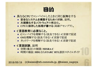 目的
l  異なるCPUでコンパイルしたときに同じ振舞をする
l  安全なシステムを構築するための試験，証明。
l  大規模化するソフトウェアの構造化。
l  CPUに依存した処理が書ける（高級アセンブラ）。
l  C言語教育に必要なこと。
l  Cコンパイラを理解する（改良できる）：C言語で記述
l  OSを理解する（改良できる）：C言語で記述
l  ネットワークを理解する（改良できる）：C言語で記述
l  C言語試験、証明
l  空間（集合）の制限：MISRA C
l  時間の検証：HDLならSTARC RTL設計スタイルガイド
2018/05/19 (c)kaizen@wh.commufa.jp, @kaizen_nagoya
 