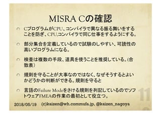 MISRA Cの確認	
  CプログラムがCPU、コンパイラで異なる振る舞いをする
ことを防ぎ、CPU,コンパイラで同じ仕事をするようにする。
  部分集合を定義しているので試験のしやすい、可読性の
高いプログラムになる。
  検査は複数の手段、道具を使うことを推奨している。(合
致表）
  規則を守ることが大事なのではなく、なぜそうするとよい
かどうかの判断ができる。規則を守ると
  言語のFailure Modeをさける規則を列記しているのでソフ
トウェアFMEAの作業の最初として役立つ。
2018/05/19 (c)kaizen@wh.commufa.jp, @kaizen_nagoya
 