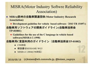 MISRA(Motor Industry Softwre Reliability
Association)
l  MIRA(欧州の自動車関連団体:Motor Industry Research
Association)
l  Development guideline for vehicle based software（ISO TR 15497:)
自動車用ソフトウェアの開発ガイドライン(自動車技術会
TP-01001)
l  Guidelines for the use of the C language in vehicle based
software(MISRA C:1998)
自動車用C言語利用のガイドライン（自動車技術会TP-01002)
l  C90対応
l  解説書はSESSAME WG3
l  MISRA C:2004(C90対応）
2018/05/19 (c)kaizen@wh.commufa.jp, @kaizen_nagoya
 