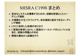 MISRA C1998 まとめ
l  安全なシステムを構築するための、試験を前提としたコー
ディング規則
l  大規模化するソフトウェアで、命名規則と直交できるコーディ
ング規則
l  CPUに依存した処理の切り分け
l  C言語の教育にはOS、C言語のソースコードのコンパイルを
含む、現実の問題との対応
l  開発の最初から試験を行う
2018/05/19 (c)kaizen@wh.commufa.jp, @kaizen_nagoya
 