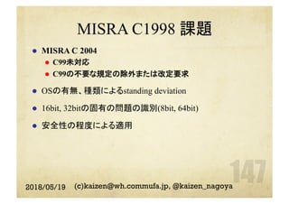 MISRA C1998 課題
l  MISRA C 2004
l  C99未対応
l  C99の不要な規定の除外または改定要求
l  OSの有無、種類によるstanding deviation
l  16bit, 32bitの固有の問題の識別(8bit, 64bit)
l  安全性の程度による適用
2018/05/19 (c)kaizen@wh.commufa.jp, @kaizen_nagoya
 
