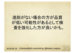 逸脱がない場合の方が品質
が低い可能性があるとして検
査を強化した方が良いかも。	
2018/05/19 (c)kaizen@wh.commufa.jp, @kaizen_nagoya
 