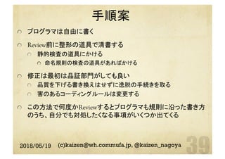 手順案	
  プログラマは自由に書く
  Review前に整形の道具で清書する
  静的検査の道具にかける
  命名規則の検査の道具があればかける
  修正は最初は品証部門がしても良い
  品質を下げる書き換えはせずに逸脱の手続きを取る
  害のあるコーディングルールは変更する
  この方法で何度かReviewするとプログラマも規則に沿った書き方
のうち、自分でも対処したくなる事項がいくつか出てくる
2018/05/19 (c)kaizen@wh.commufa.jp, @kaizen_nagoya
 