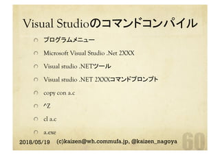Visual Studioのコマンドコンパイル	
  プログラムメニュー
  Microsoft Visual Studio .Net 2XXX
  Visual studio .NETツール
  Visual studio .NET 2XXXコマンドプロンプト
  copy con a.c
  ^Z
  cl a.c
a.exe
	
2018/05/19 (c)kaizen@wh.commufa.jp, @kaizen_nagoya
 