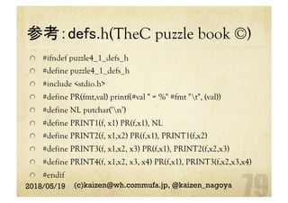 参考：defs.h(TheC puzzle book ©)	
  #ifndef puzzle4_1_defs_h
  #define puzzle4_1_defs_h
  #include <stdio.h>
  #define PR(fmt,val) printf(#val " = %" #fmt "t", (val))
  #define NL putchar('n’)
  #define PRINT1(f, x1) PR(f,x1), NL
  #define PRINT2(f, x1,x2) PR(f,x1), PRINT1(f,x2)
  #define PRINT3(f, x1,x2, x3) PR(f,x1), PRINT2(f,x2,x3)
  #define PRINT4(f, x1,x2, x3, x4) PR(f,x1), PRINT3(f,x2,x3,x4)
  #endif	
2018/05/19 (c)kaizen@wh.commufa.jp, @kaizen_nagoya
 