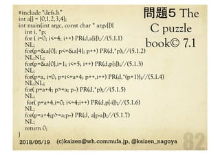 問題５ The
C puzzle
book© 7.1
#include "defs.h”
int a[] = {0,1,2,3,4};
int main(int argc, const char * argv[]){
int i, *p;
for ( i=0; i<=4; i++) PR(d,a[i]);//(5.1.1)
NL;
for(p=&a[0]; p<=&a[4]; p++) PR(d,*p);//(5.1.2)
NL;NL;
for(p=&a[0],i=1; i<=5; i++) PR(d,p[i]);//(5.1.3)
NL;
for(p=a, i=0; p+i<=a+4; p++,i++) PR(d,*(p+1));//(5.1.4)
NL;NL;
for( p=a+4; p>=a; p--) PR(d,*p);//(5.1.5)
NL;
for( p=a+4,i=0; i<=4;i++) PR(d,p[-i]);//(5.1.6)
NL;
for(p=a+4;p>=a;p--) PR(d, a[p-a]);//(5.1.7)
NL;
return 0;
}	
2018/05/19 (c)kaizen@wh.commufa.jp, @kaizen_nagoya
 
