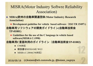 MISRA(Motor Industry Softwre Reliability
Association)
l  MIRA(欧州の自動車関連団体:Motor Industry Research
Association)
l  Development guideline for vehicle based software（ISO TR 15497:)
自動車用ソフトウェアの開発ガイドライン(自動車技術会
TP-01001)
l  Guidelines for the use of the C language in vehicle based
software(MISRA C:1998)
自動車用C言語利用のガイドライン（自動車技術会TP-01002)
l  C90対応
l  解説書はSESSAME WG3
l  MISRA C:2004(C90対応）
2018/05/19 (c)kaizen@wh.commufa.jp, @kaizen_nagoya
 