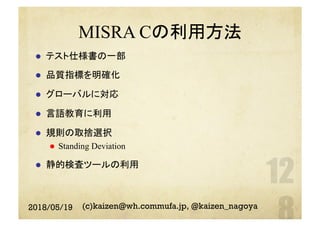 MISRA Cの利用方法
l  テスト仕様書の一部
l  品質指標を明確化
l  グローバルに対応
l  言語教育に利用
l  規則の取捨選択
l  Standing Deviation
l  静的検査ツールの利用
2018/05/19 (c)kaizen@wh.commufa.jp, @kaizen_nagoya
 