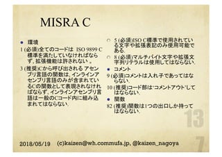 MISRA C
l  環境
1 (必須)全てのコードは ISO 9899 C
標準を満たしていなければなら
ず, 拡張機能は許されない 。
3 (推奨)Cから呼び出される アセン
ブリ言語の関数は, インラインア
センブリ言語のみが含まれてい
るCの関数として表現されなけれ
ばならず, インラインアセンブリ言
語は一般のCコード内に組み込
まれてはならない.
  5 (必須)ISO C標準で使用されてい
る文字や拡張表記のみ使用可能で
ある.
  8 (必須)マルチバイト文字や拡張文
字列リテラルは使用してはならない.
l  コメント
9 (必須)コメントは入れ子であってはな
らない.
10 (推奨)コード部は‘コメントアウト’して
はならない.
l  関数
82 (推奨)関数は1つの出口しか持って
はならない.
2018/05/19 (c)kaizen@wh.commufa.jp, @kaizen_nagoya
 