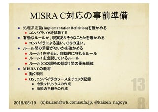 MISRA C対応の事前準備
l  処理系定義(ImplemantationDefinition)を確かめる
l  コンパイラ、OSを試験する
l  有効なルールか、現実ありそうなことかを確かめる
l  コンパイラによる違い。ＯＳの違い。
l  ルール間の矛盾がないかを確かめる
l  ルール１を守ると、自動的に守れるルール
l  ルール１を逸脱しているルール
l  ルール（Cの規格の規定）間の優先順位
l  MISRA Cの教材
l  動く事例
l  OS、コンパイラのソースをチェック記録
l  合致マトリックスの作成
l  逸脱の手続きの作成
2018/05/19 (c)kaizen@wh.commufa.jp, @kaizen_nagoya
 