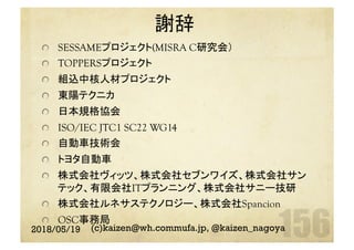 謝辞	
  SESSAMEプロジェクト(MISRA C研究会）
  TOPPERSプロジェクト
  組込中核人材プロジェクト
  東陽テクニカ
  日本規格協会
  ISO/IEC JTC1 SC22 WG14
  自動車技術会
  トヨタ自動車
  株式会社ヴィッツ、株式会社セブンワイズ、株式会社サン
テック、有限会社ITプランニング、株式会社サニー技研
  株式会社ルネサステクノロジー、株式会社Spancion
  OSC事務局
2018/05/19 (c)kaizen@wh.commufa.jp, @kaizen_nagoya
 