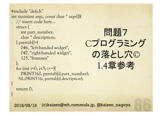問題７
Cプログラミング
の落とし穴©
1.4章参考	
#include "defs.h”
int main(int argc, const char * argv[]){
// insert code here...
struct {
int part_number;
char * description;
} parttab[]={
046, "left-handed widget",
047, "right-handed widget",
125, "frammis"
};
for (int i=0; i<3; i++){
PRINT1(d, parttab[i].part_number);
NL;PRINT1(s, parttab[i].description);
}
return 0;
}
2018/05/19 (c)kaizen@wh.commufa.jp, @kaizen_nagoya
 