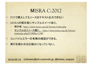 MISRA C:2012	
  PDFで購入してもソースをテキスト出力できない
  MISRAの掲示板にサンプルスイートあり。
  掲示板　http://www.misra.org.uk/forum/index.php
サンプルはリソース欄に。　http://www.misra.org.uk/forum/
viewtopic.php?f=149&t=1340
  コンパイルエラーの有無の確認ができる。
  実行を確かめる仕組みになっていない。	
2018/05/19 (c)kaizen@wh.commufa.jp, @kaizen_nagoya
 