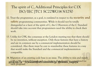The spirit of C, Additional Principles for C1X
ISO/IEC JTC1 SC22WG14 N1250	
12. Trust the programmer, as a goal, is outdated in respect to the security and
safety programming communities. While it should not be totally
disregarded as a facet of the spirit of C, the C1Xversion of the C Standard
should take into account that programmers need the ability to check their
work.
13. Unlike for C9X, the consensus at the London meeting was that there should
be no invention, without exception. Only those features that have a history
and are in common use by a commercial implementation should be
considered. Also there must be care to standardize these features in a way
that would make the Standard and the commercial implementation
compatible.
14. Migration of an existing code base is an issue. The ability to mix and match
C89, C99, and C1X based code is a feature that should be considered for
each proposal. 	
2018/05/19 (c)kaizen@wh.commufa.jp, @kaizen_nagoya
 