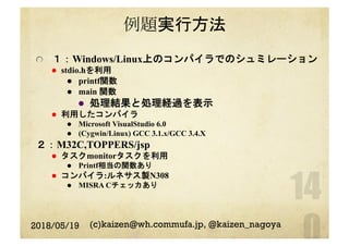 例題実行方法
  １：Windows/Linux上のコンパイラでのシュミレーション
l  stdio.hを利用
l  printf関数
l  main 関数
l  処理結果と処理経過を表示
l  利用したコンパイラ
l  Microsoft VisualStudio 6.0
l  (Cygwin/Linux) GCC 3.1.x/GCC 3.4.X
２：M32C,TOPPERS/jsp
l  タスクmonitorタスクを利用
l  Printf相当の関数あり
l  コンパイラ:ルネサス製N308
l  MISRA Cチェッカあり
2018/05/19 (c)kaizen@wh.commufa.jp, @kaizen_nagoya
 