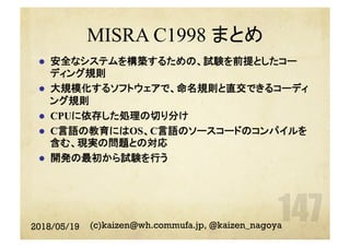 MISRA C1998 まとめ
l  安全なシステムを構築するための、試験を前提としたコー
ディング規則
l  大規模化するソフトウェアで、命名規則と直交できるコーディ
ング規則
l  CPUに依存した処理の切り分け
l  C言語の教育にはOS、C言語のソースコードのコンパイルを
含む、現実の問題との対応
l  開発の最初から試験を行う
2018/05/19 (c)kaizen@wh.commufa.jp, @kaizen_nagoya
 
