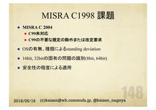 MISRA C1998 課題
l  MISRA C 2004
l  C99未対応
l  C99の不要な規定の除外または改定要求
l  OSの有無、種類によるstanding deviation
l  16bit, 32bitの固有の問題の識別(8bit, 64bit)
l  安全性の程度による適用
2018/05/19 (c)kaizen@wh.commufa.jp, @kaizen_nagoya
 