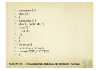   namespace M {
  class B { };
  }
  namespace N {
  class Y : public M::B {
  class X {
  int a[i];
  };
  };
  }
int main() {
  cout<< msg << endl;
  return EXIT_SUCCESS;
  }
2018/05/19 (c)kaizen@wh.commufa.jp, @kaizen_nagoya
 